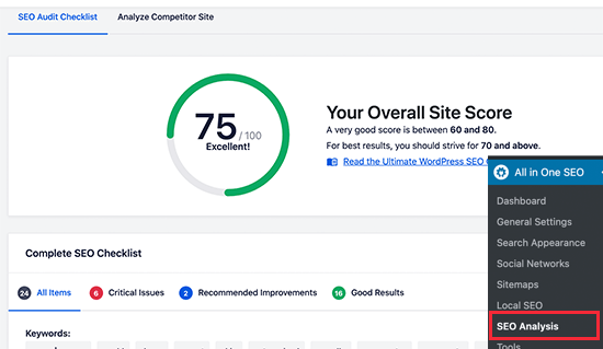 SEO Analysis Dashboard in AIOSEO