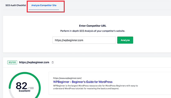 Competitor Analysis Interface in AIOSEO