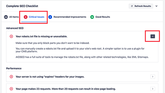 Resolving SEO Issues Interface