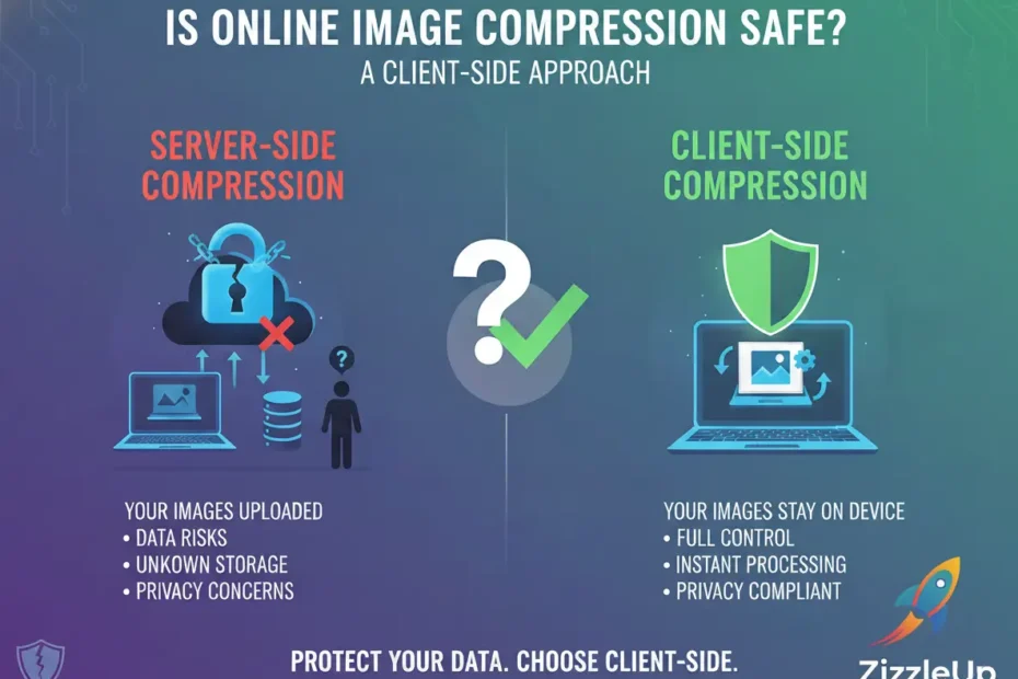 Client-side image compression that processes images locally without uploading files