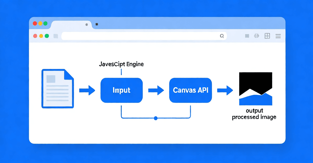 Technical diagram showing HTML5 Canvas and JavaScript image processing pipeline inside a web browser