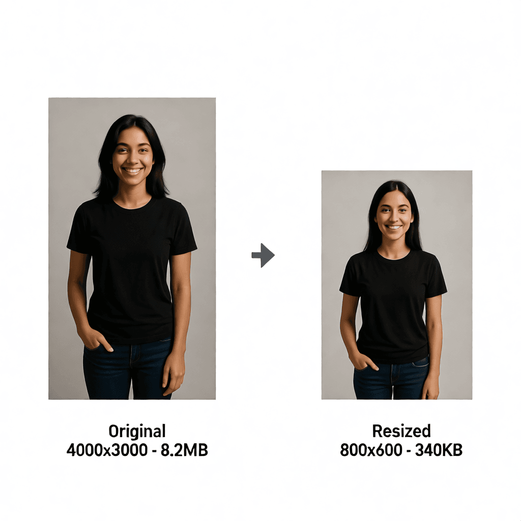 Before and after comparison of batch image resizing showing quality preserved at smaller dimensions