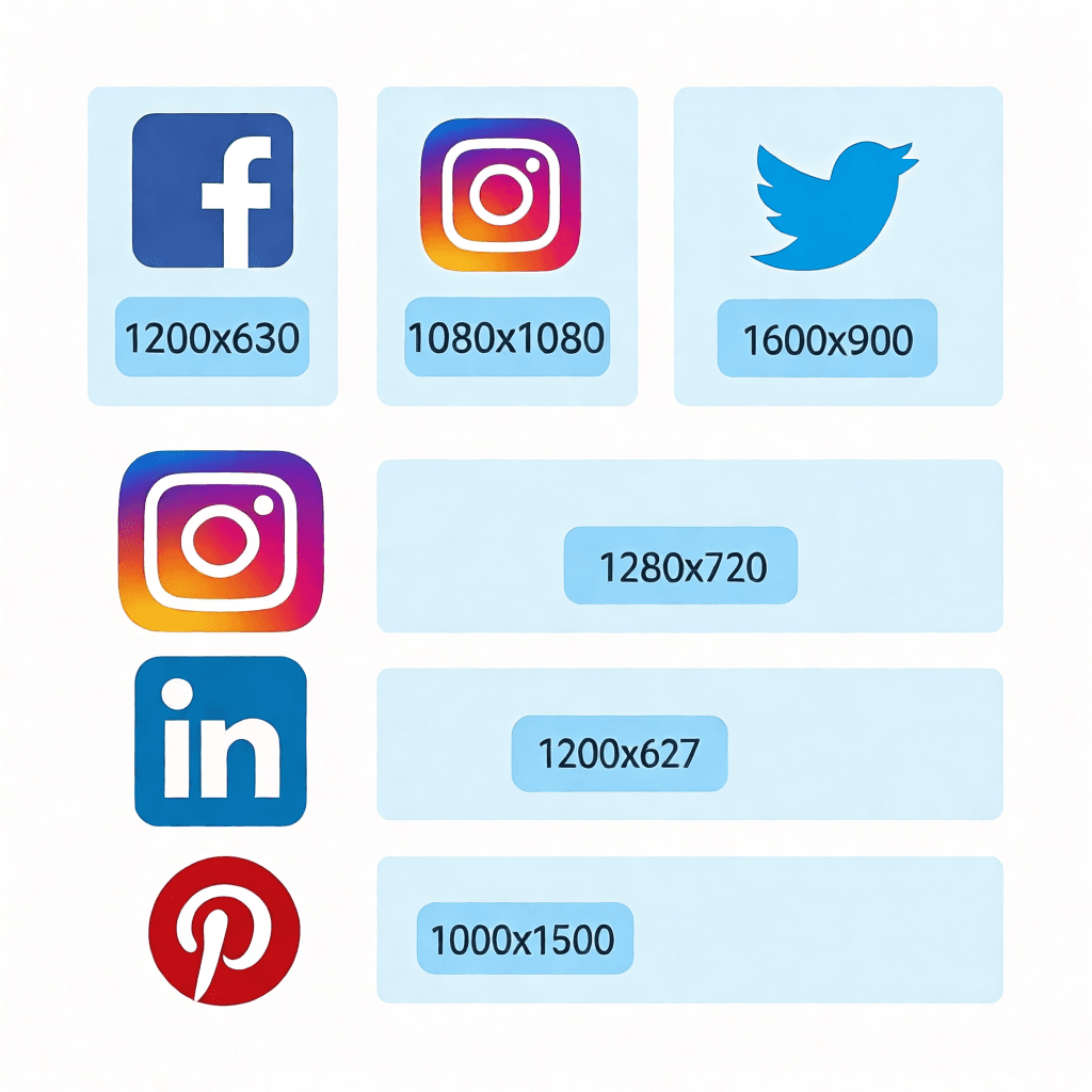 Social media image size presets grid showing optimal dimensions for Facebook, Instagram, Twitter, YouTube, LinkedIn and Pinterest