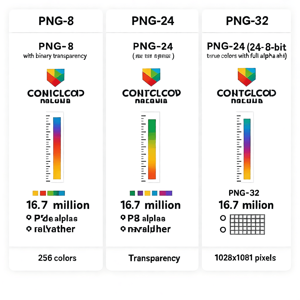 Comparison chart showing PNG-8 indexed color with binary transparency, PNG-24 true color with no transparency, and PNG-32 with full 8-bit alpha channel transparency