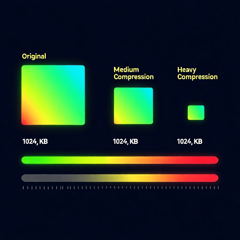 Compression quality comparison chart showing original uncompressed PNG, medium compression, and heavy compression with file sizes and quality meters