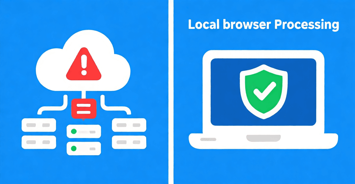 Infographic comparing cloud upload privacy risks versus local browser-based processing with data flow diagrams