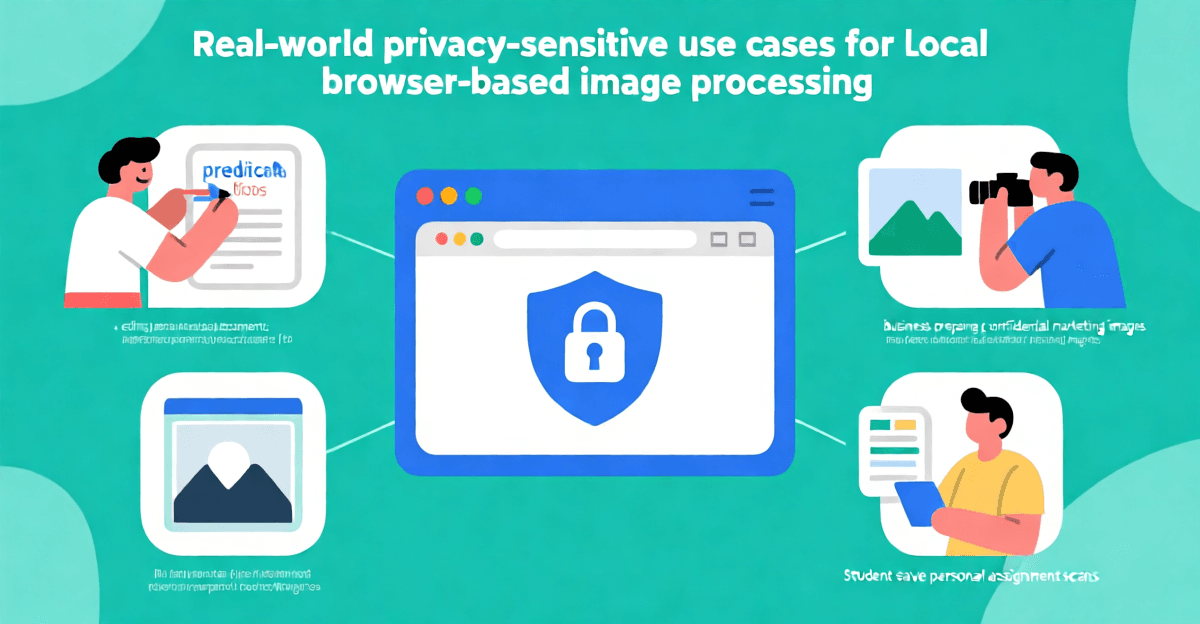 Infographic showing practical privacy-sensitive use cases including medical documents, photography, business, and education