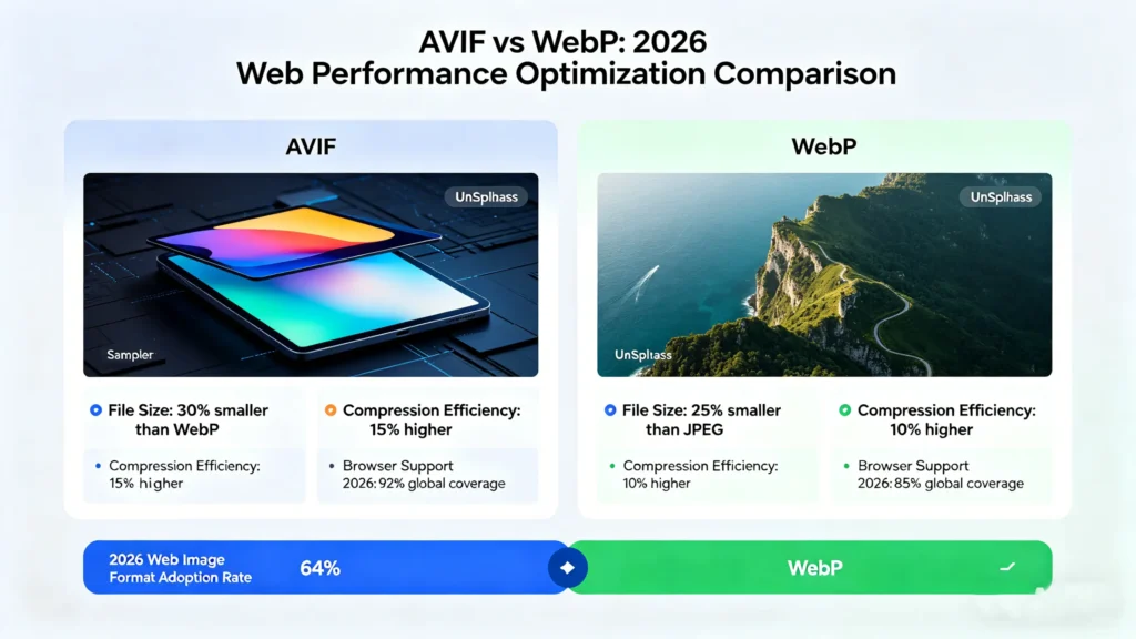 AVIF vs WebP image conversion comparison for web performance optimization in 2026
